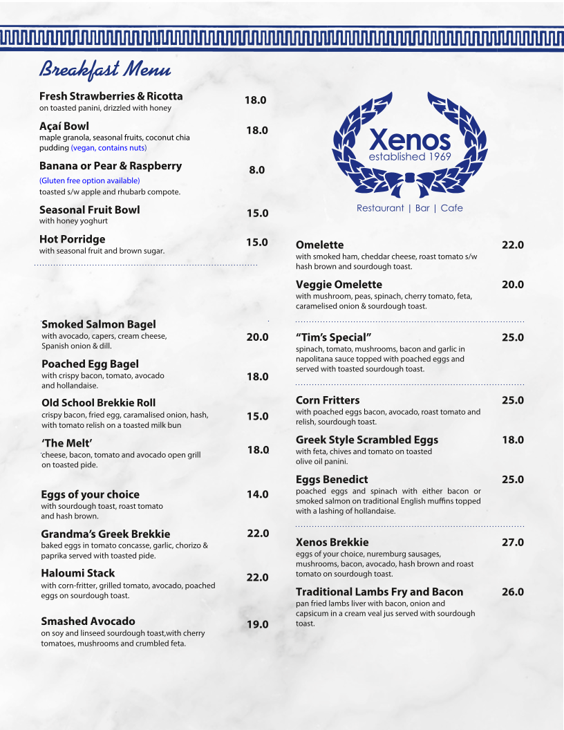 Menu, Xenos Restaurant Bar Cafe