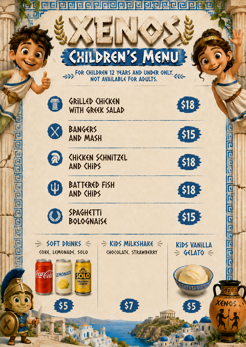 Menu, Xenos Restaurant Bar Cafe