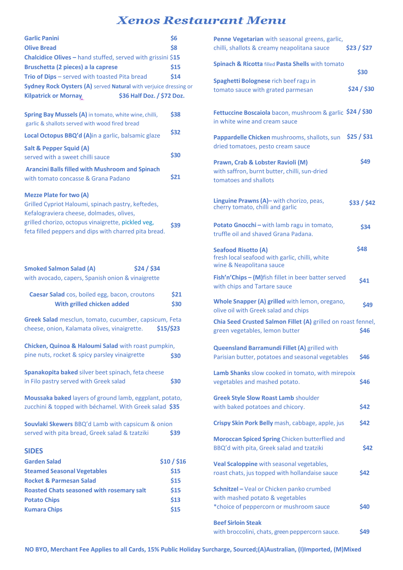 Menu, Xenos Restaurant Bar Cafe