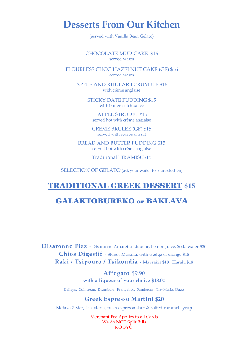 Menu, Xenos Restaurant Bar Cafe
