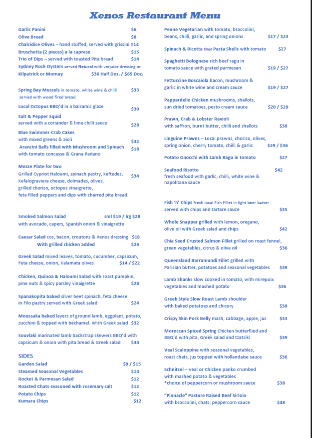 Menu, Xenos Restaurant Bar Cafe