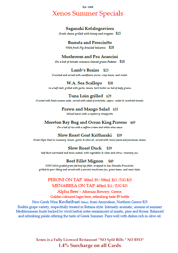 Menu, Xenos Restaurant Bar Cafe