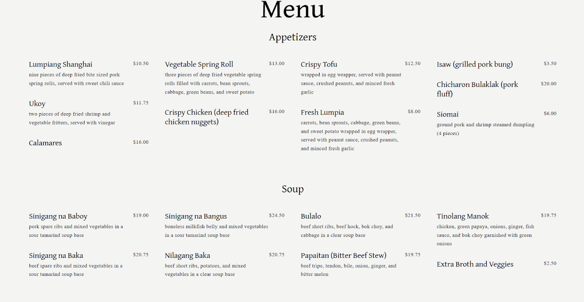 Menu, Kumare Restaurant and Bakery