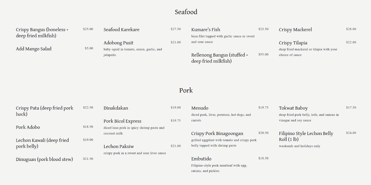 Menu, Kumare Restaurant and Bakery