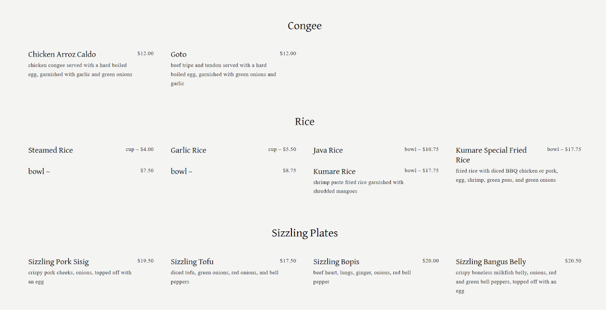 Menu, Kumare Restaurant and Bakery