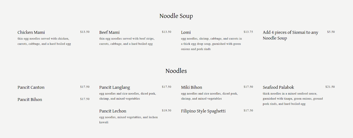 Menu, Kumare Restaurant and Bakery