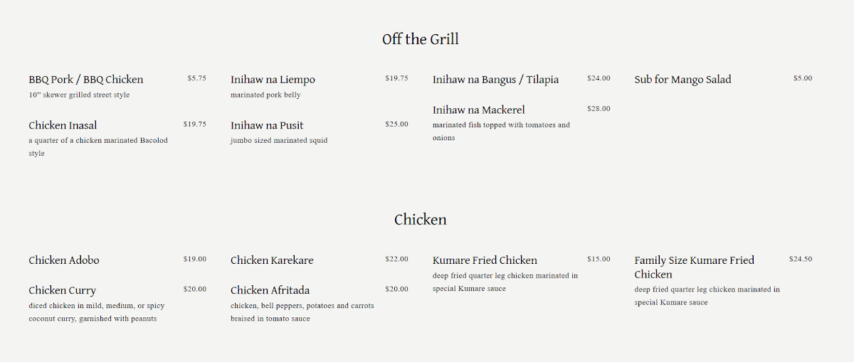 Menu, Kumare Restaurant and Bakery