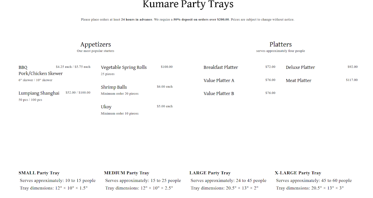 Menu, Kumare Restaurant and Bakery