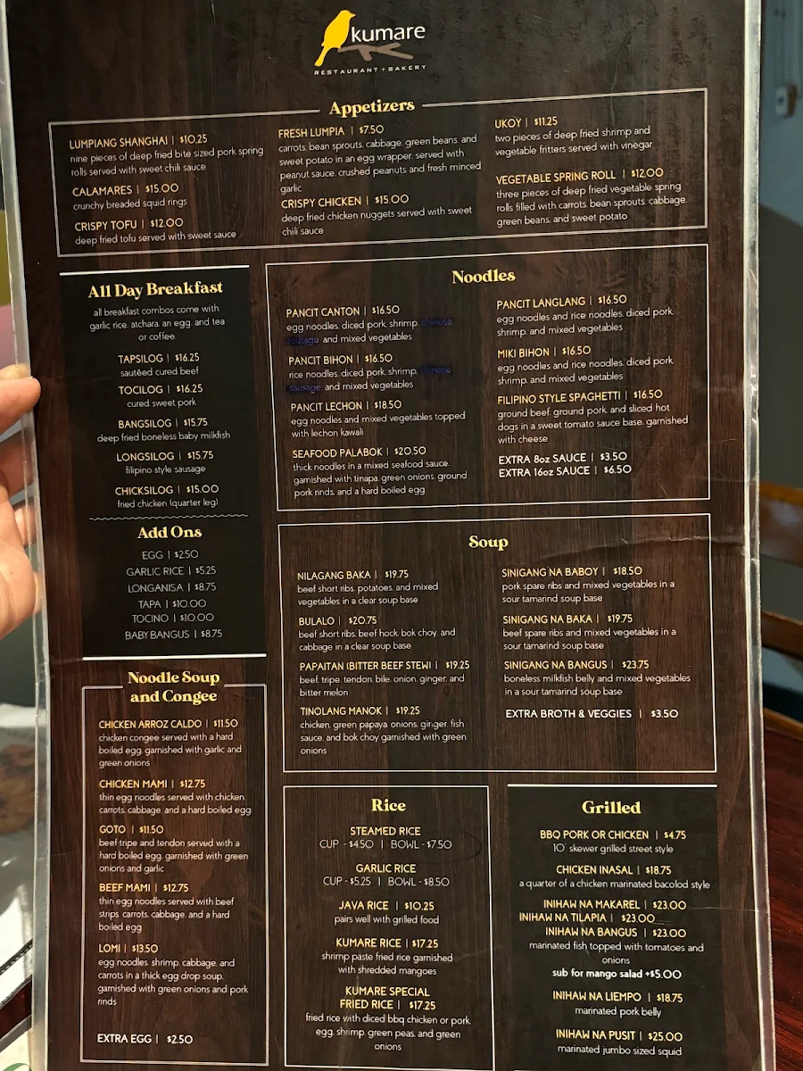 Menu, Kumare Restaurant and Bakery