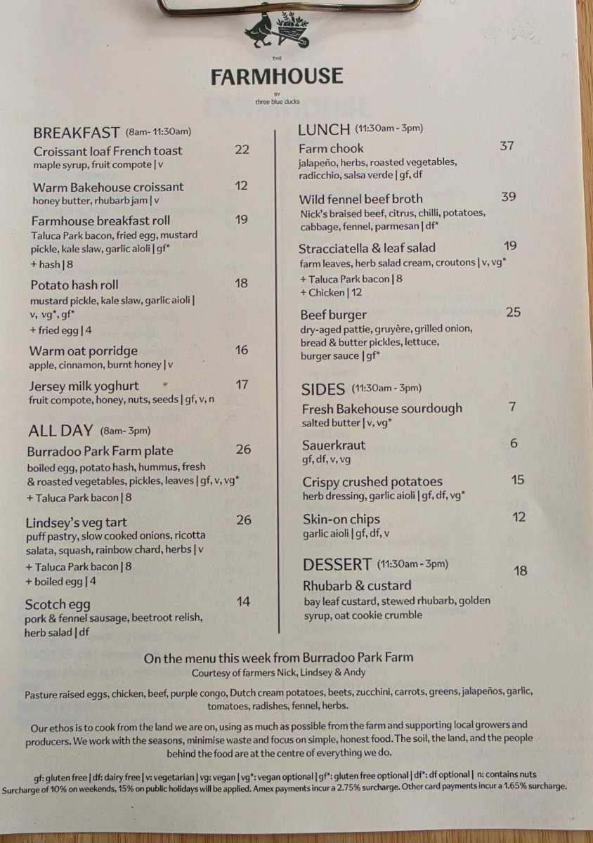 Menu, The Farmhouse cafe and store by Three Blue Ducks