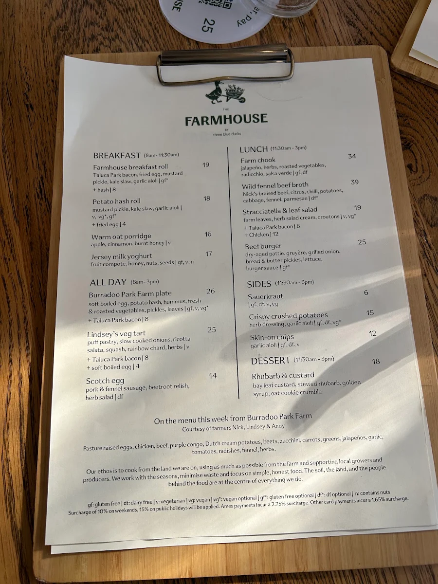 Menu, The Farmhouse cafe and store by Three Blue Ducks