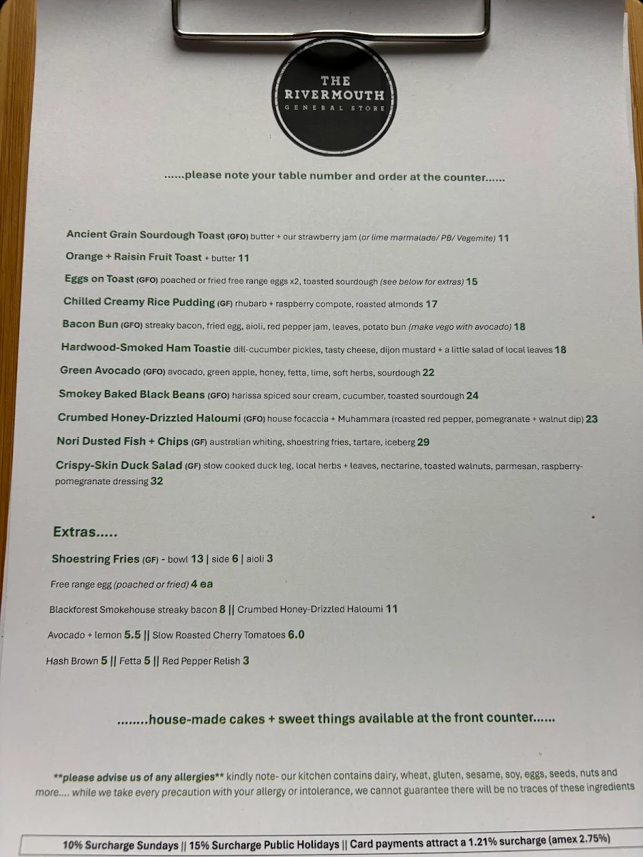 Menu, The Rivermouth General Store