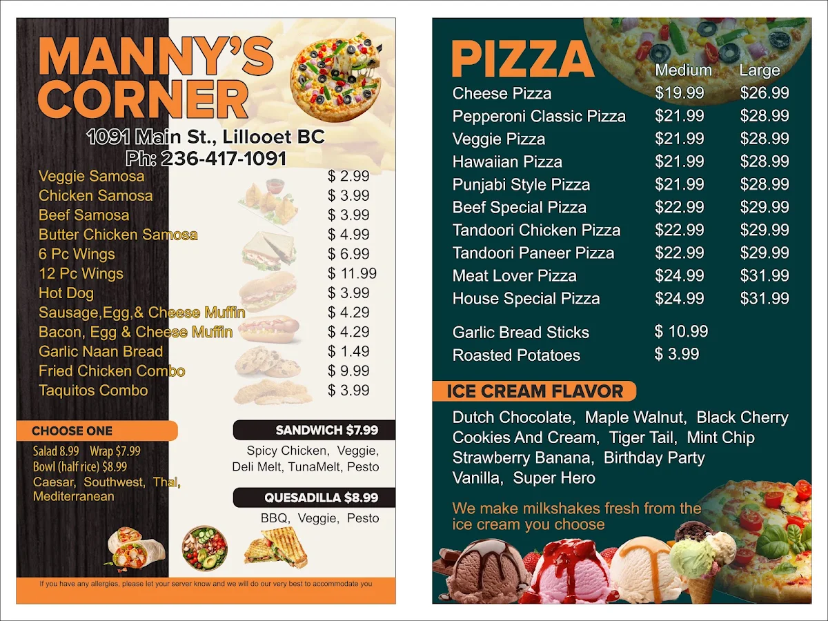 Menu, Manny's Corner - Pizza & Convenience Store
