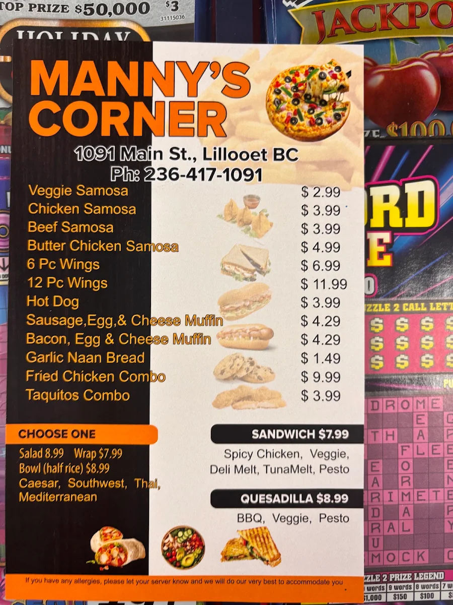 Menu, Manny's Corner - Pizza & Convenience Store
