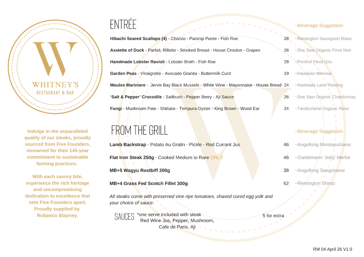 Menu, Whitney’s Restaurant & Bar