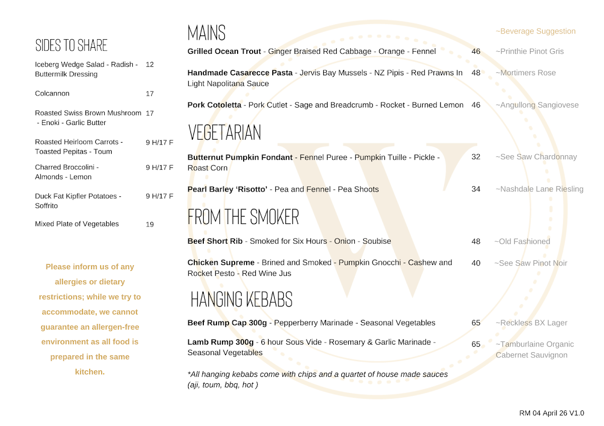 Menu, Whitney’s Restaurant & Bar