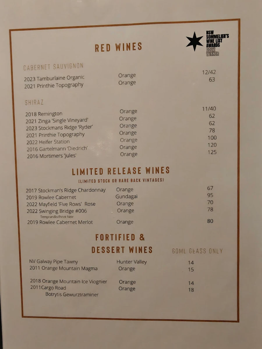 Menu, Whitney’s Restaurant & Bar