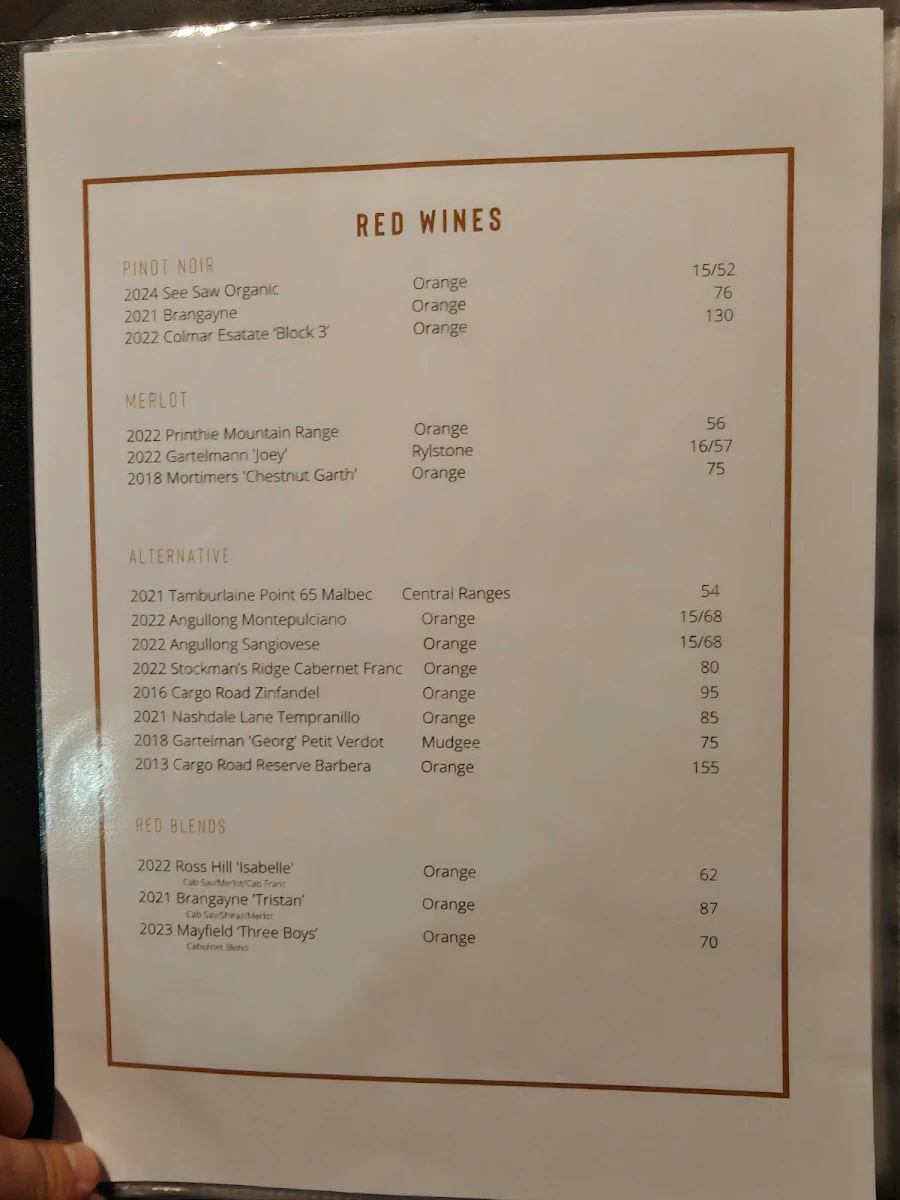 Menu, Whitney’s Restaurant & Bar