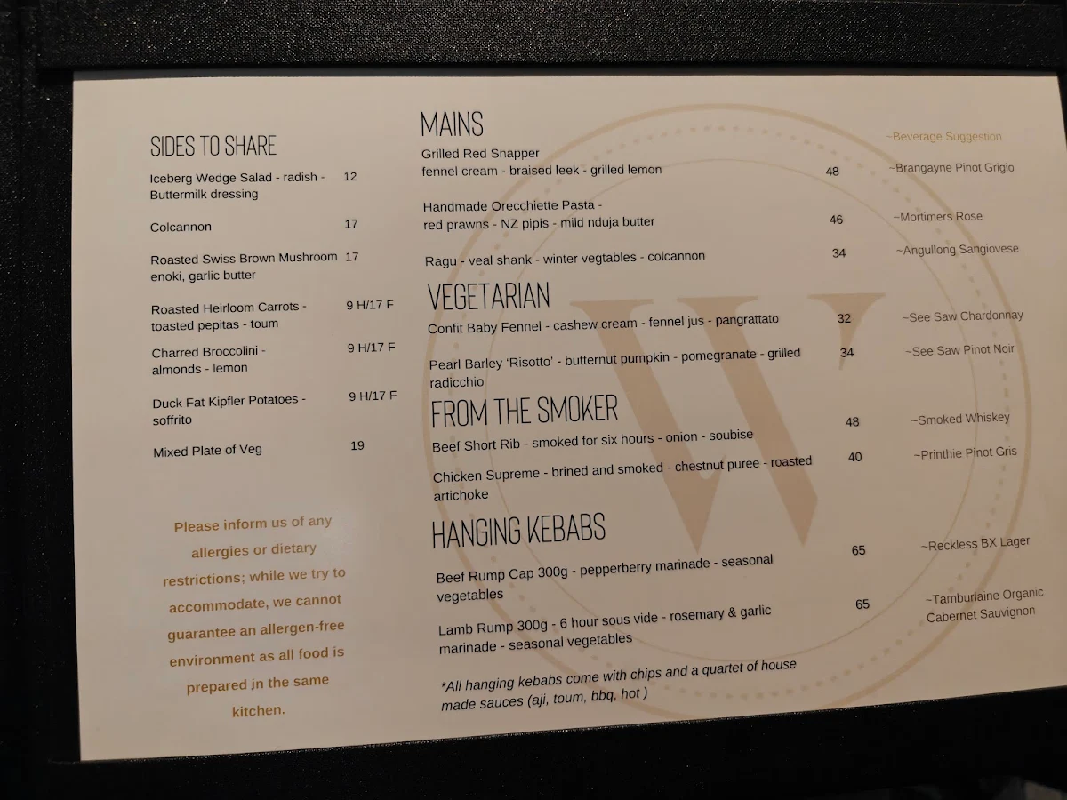 Menu, Whitney’s Restaurant & Bar