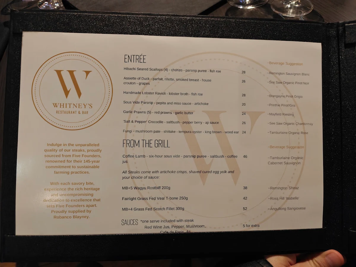 Menu, Whitney’s Restaurant & Bar