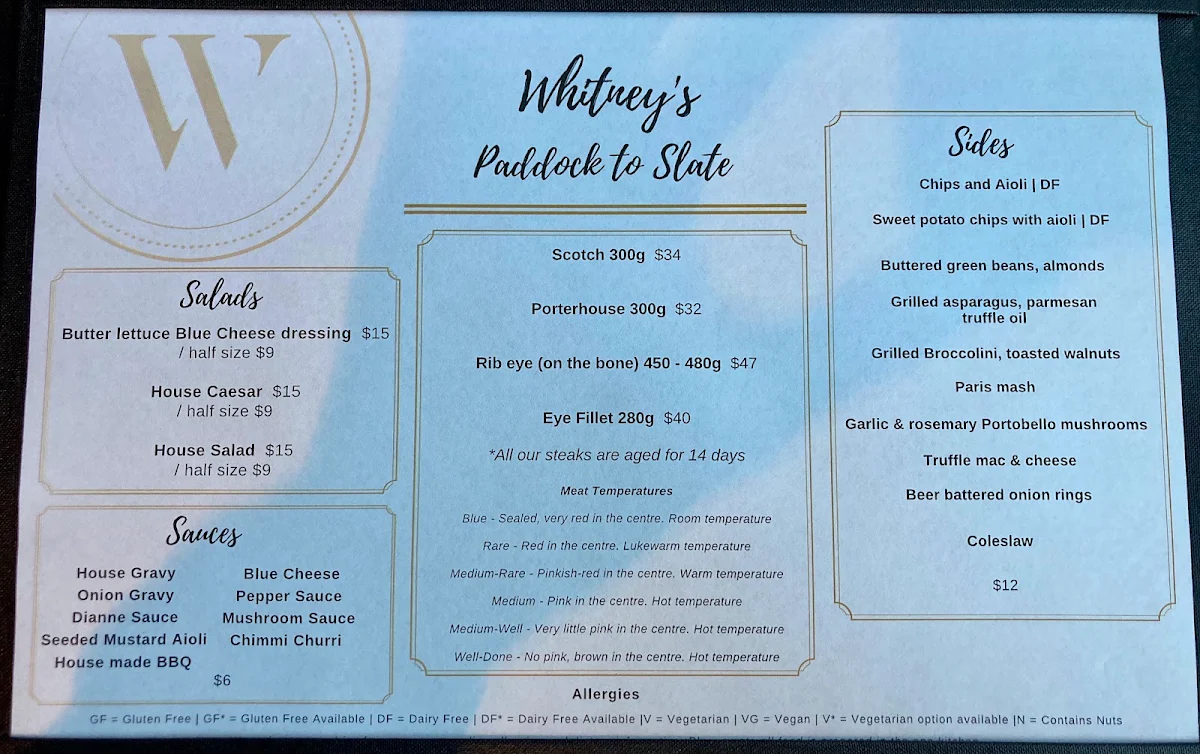 Menu, Whitney’s Restaurant & Bar