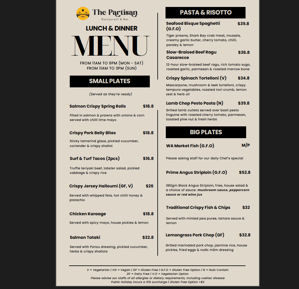 Menu, The Partisan