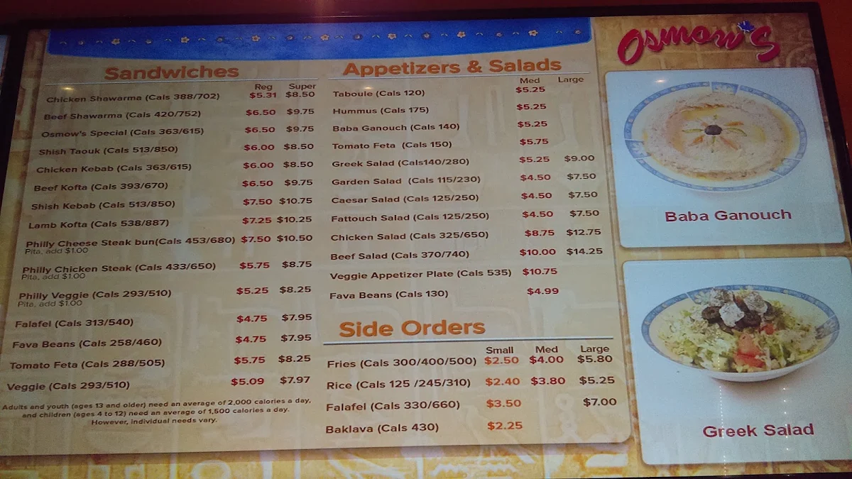 Menu, Osmow's Shawarma