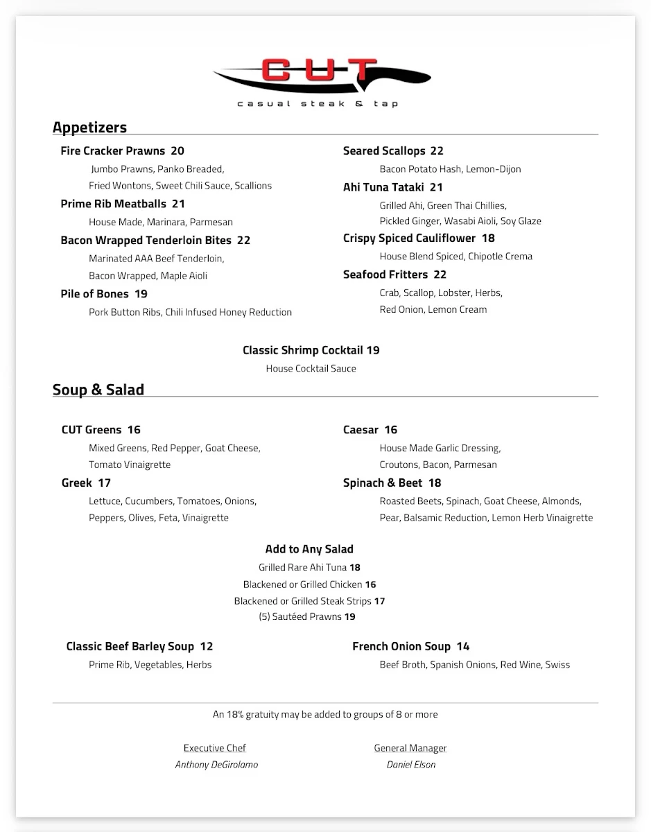 Menu, Cut Casual Steak & Tap