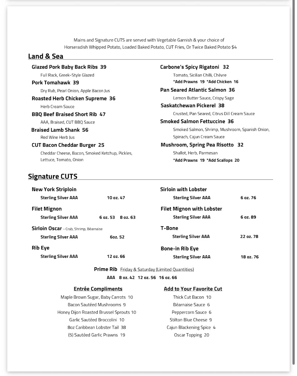 Menu, Cut Casual Steak & Tap