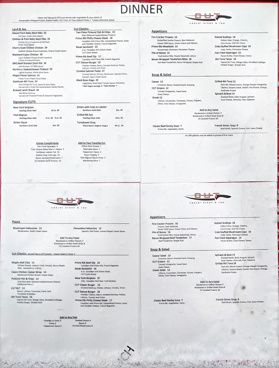 Menu, Cut Casual Steak & Tap
