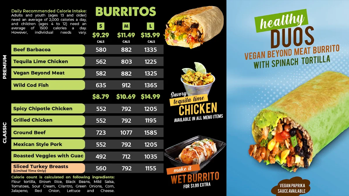 Menu, Burrito Guyz Kapuskasing