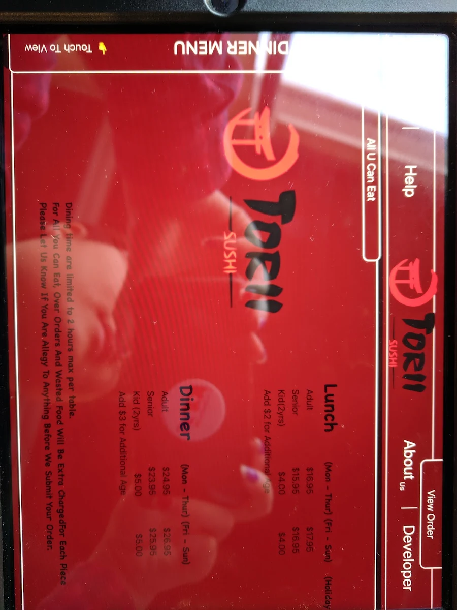 Menu, Sushi Torii