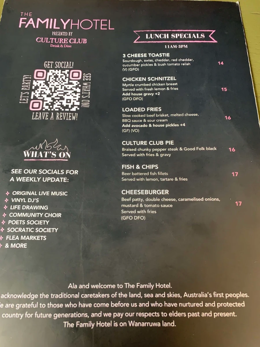 Menu, The Family Hotel