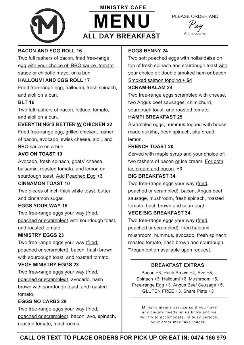 Menu, Ministry Cafe