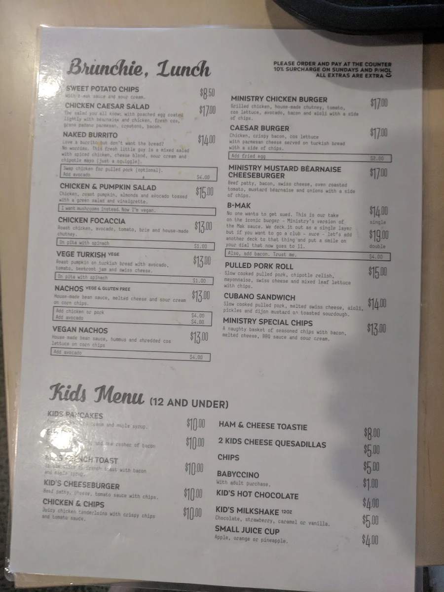 Menu, Ministry Cafe