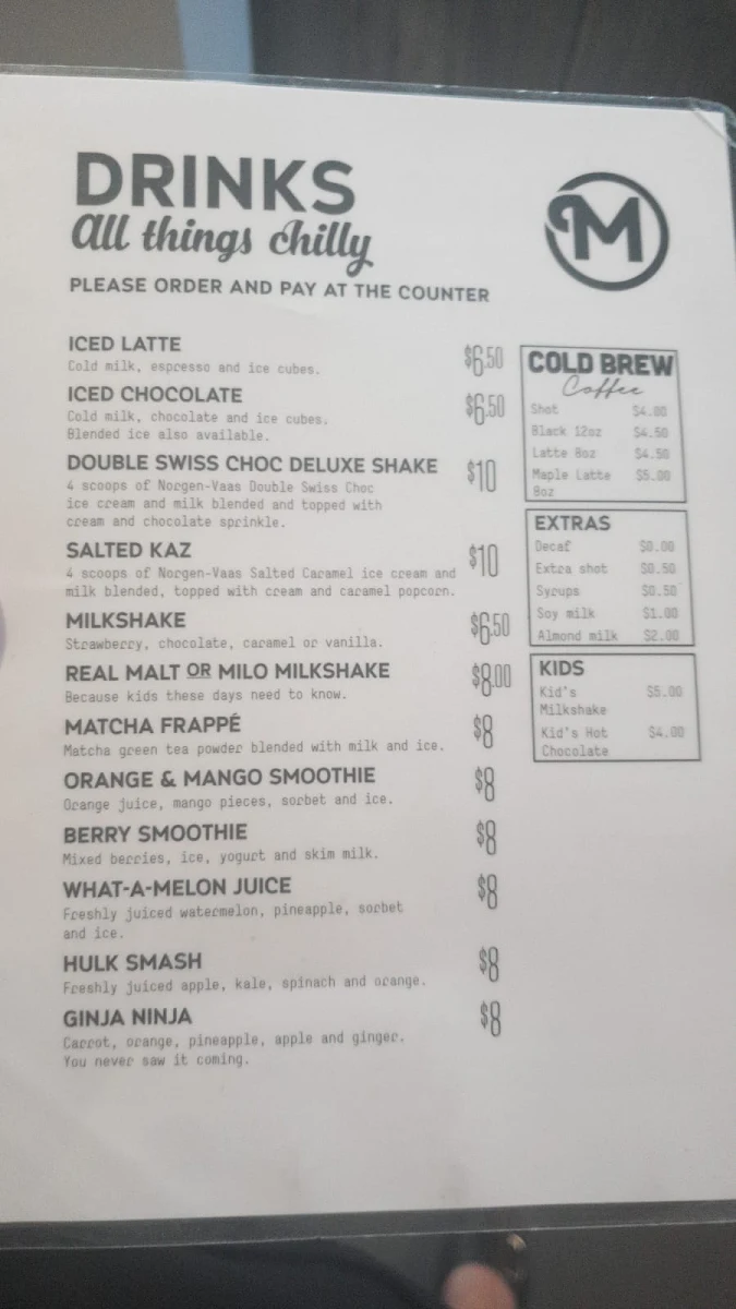 Menu, Ministry Cafe
