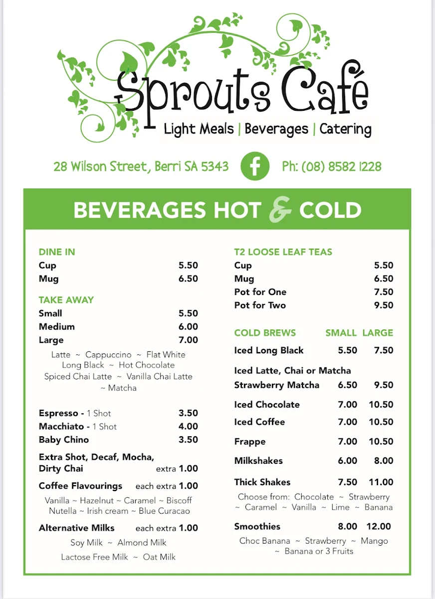 Menu, Sprouts Cafe