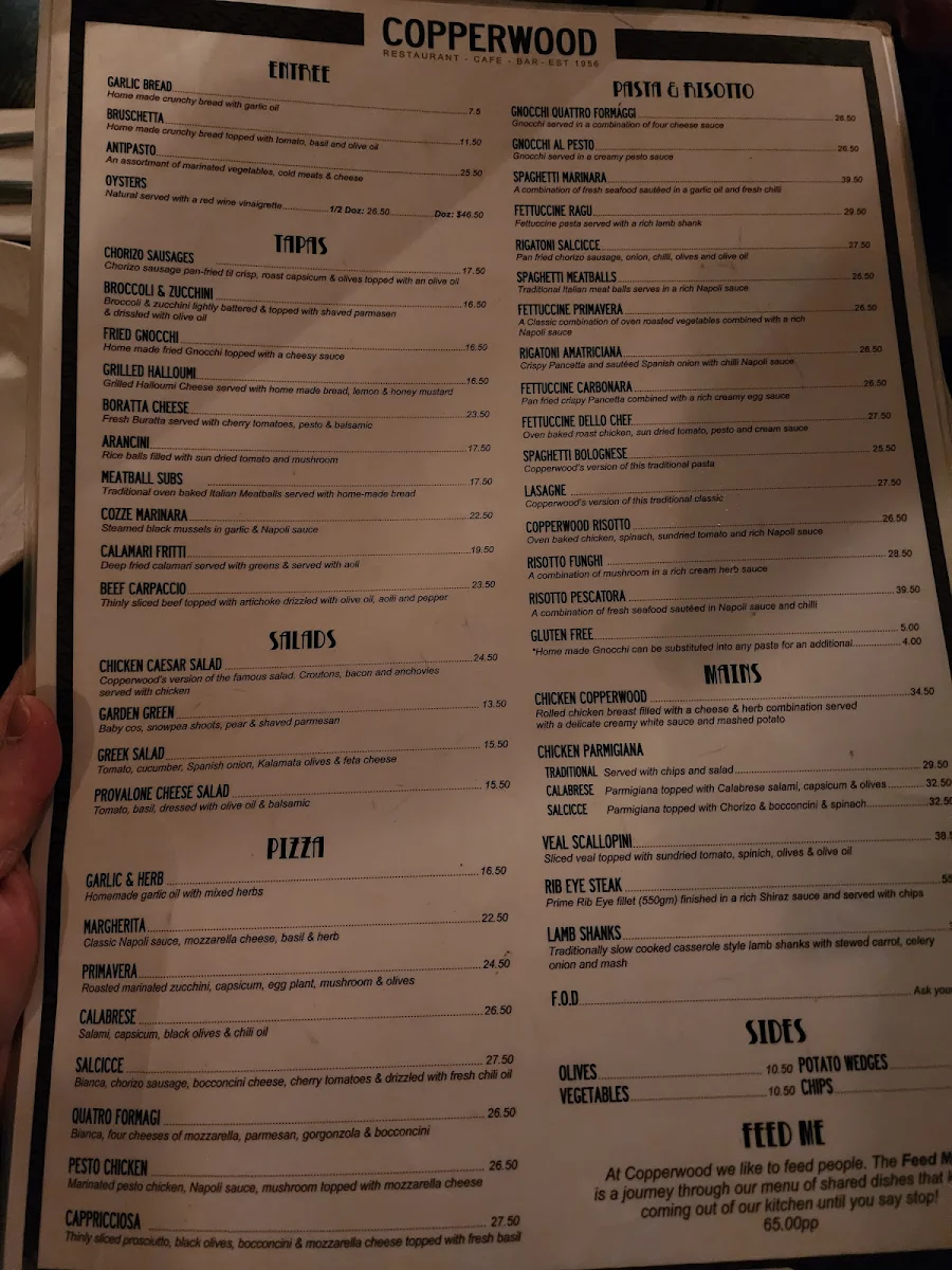 Menu, Copperwood Restaurant