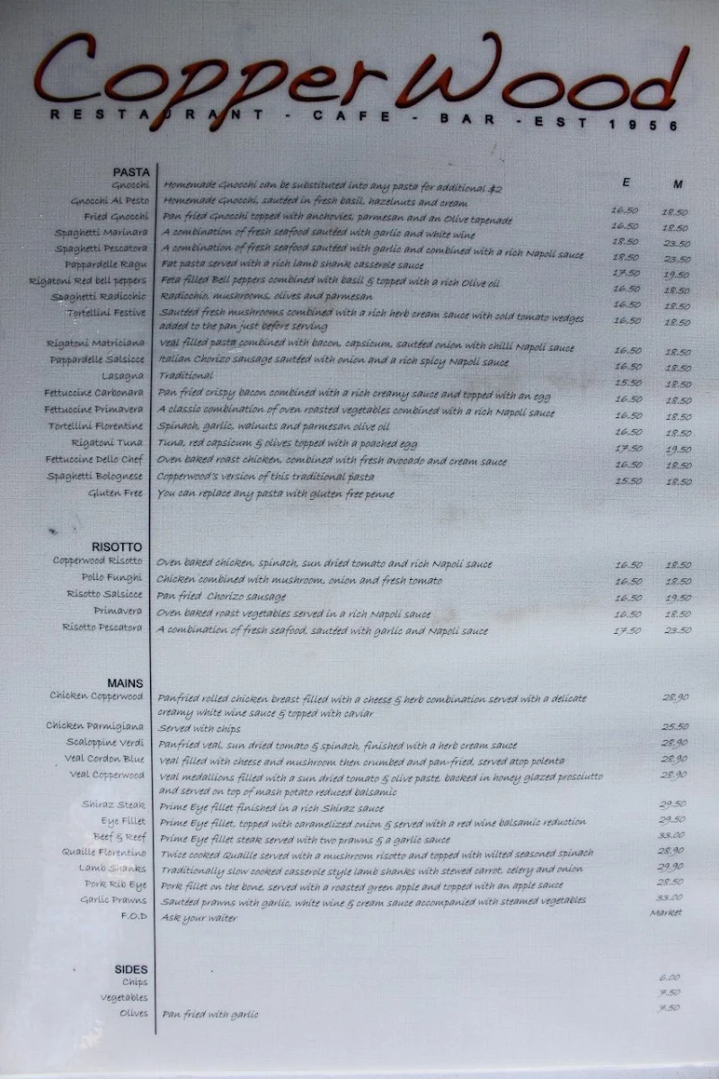 Menu, Copperwood Restaurant