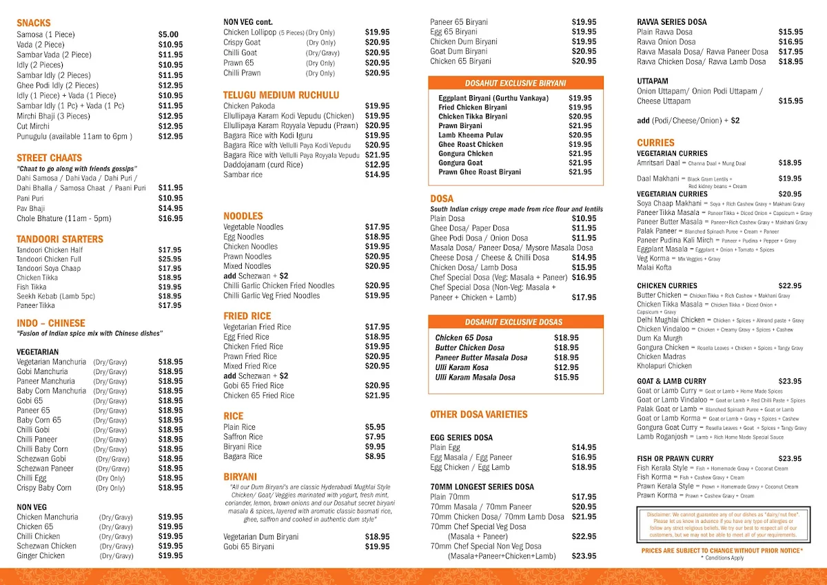 Menu, Dosa Hut Indian Multi Cuisine Restaurant Mount Gravatt