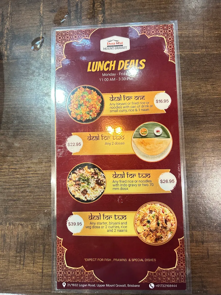 Menu, Dosa Hut Indian Multi Cuisine Restaurant Mount Gravatt