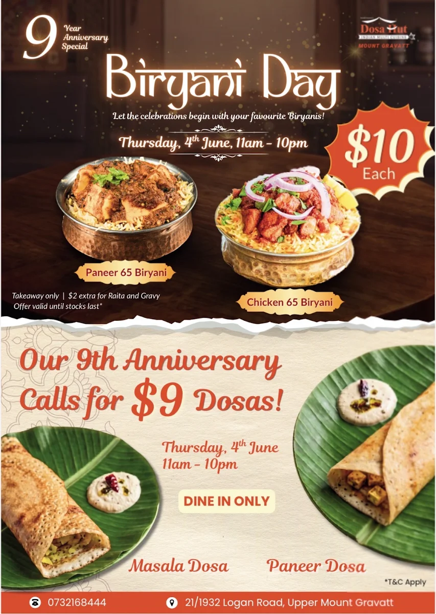 Menu, Dosa Hut Indian Multi Cuisine Restaurant Mount Gravatt