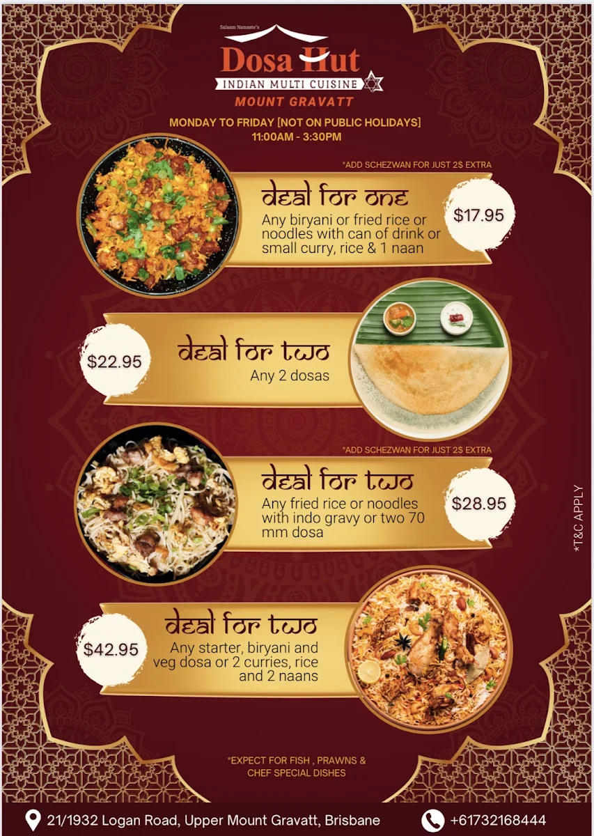 Menu, Dosa Hut Indian Multi Cuisine Restaurant Mount Gravatt