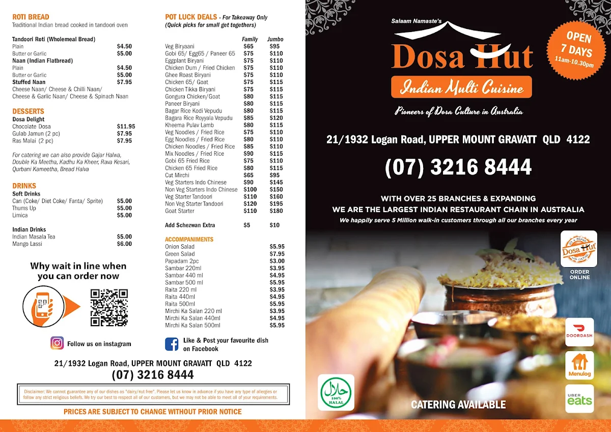 Menu, Dosa Hut Indian Multi Cuisine Restaurant Mount Gravatt