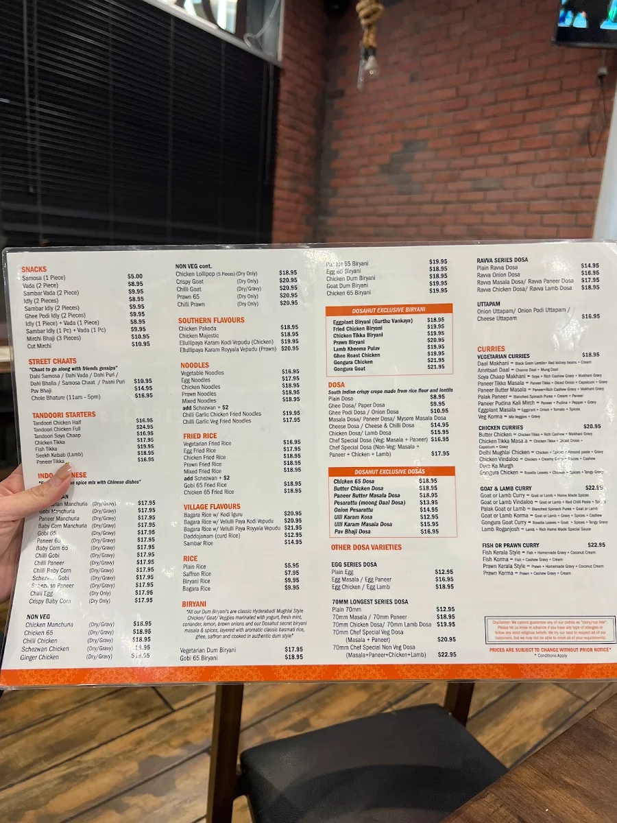 Menu, Dosa Hut Indian Multi Cuisine Restaurant Mount Gravatt