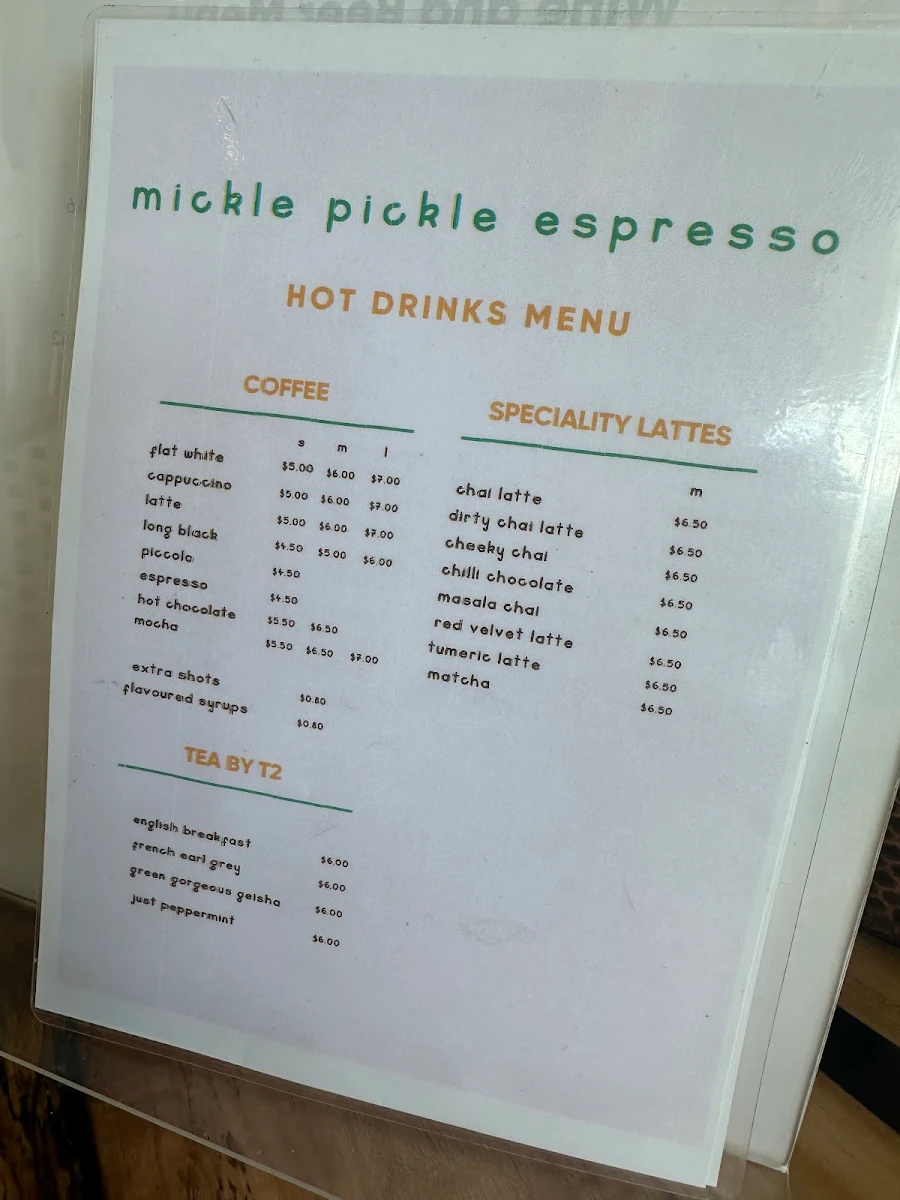 Menu, Mickle Pickle Espresso