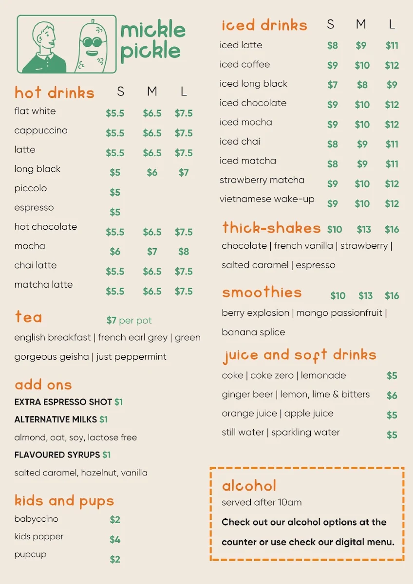 Menu, Mickle Pickle Espresso