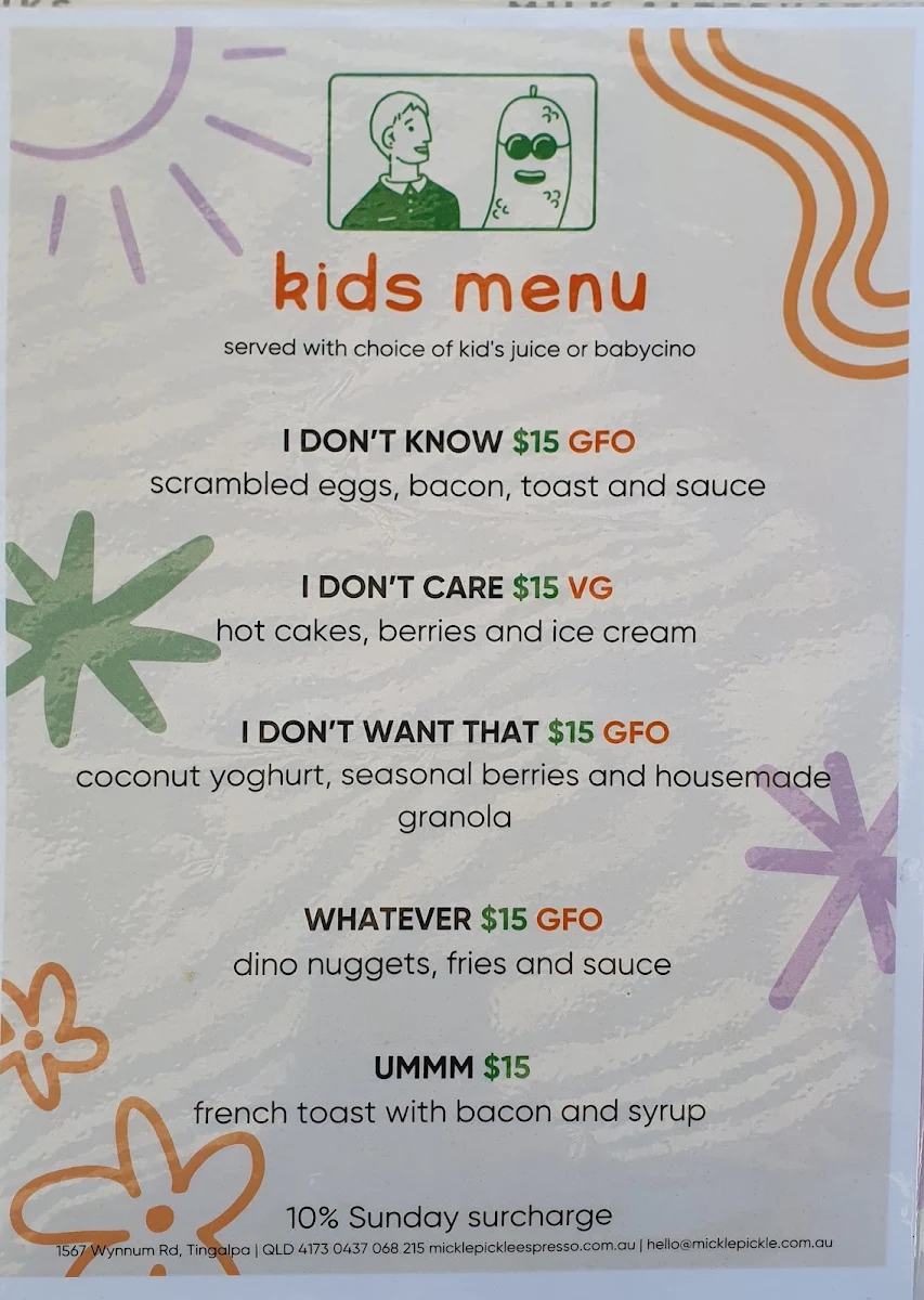 Menu, Mickle Pickle Espresso