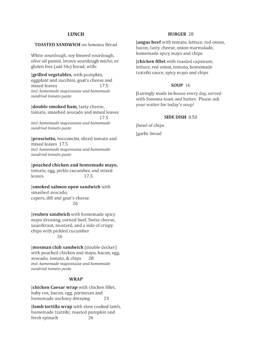 Menu, Cafe Mosman