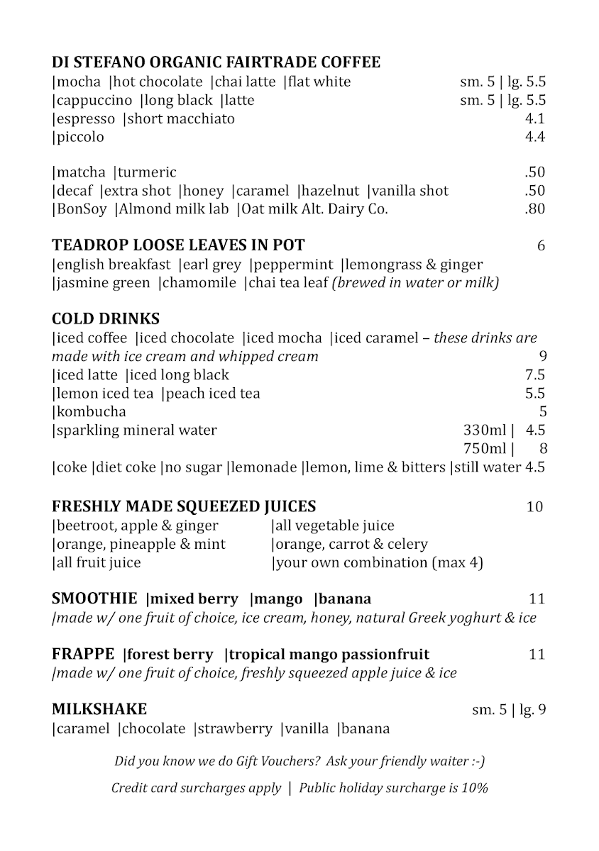 Menu, Cafe Mosman